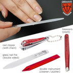 3 Swords Germany - Brand Quality 6 piece Manicure Pedicure Grooming kit Set - Scissors, Metal and Glass Nail File, Clipper, Tweezers with Synthetic Leather case - red/red Tools