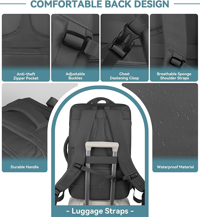 AREYTECO Travel Backpack, 50L Expandable Extra Large Laptop Backpack, Carry On Backpack Water Resistant Business Suitcase Daypack Bag Fits 17 Inch Laptops, Travel Gifts for Men Women, Black