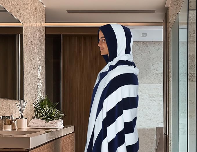 COTTON CRAFT Hooded Beach Towel - Oversized XXL 35x84 Towel with Hood for Adults - The Big Kahuna 7 Foot Beach Blanket Towel - Big & Tall Soft 100% Cotton Velour - Pool Bath Wrap - Cabana Stripe Navy