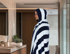 COTTON CRAFT Hooded Beach Towel – Oversized 35 x 70 Towel with Hood for Adults - 100% Cotton Velour Dobby Terry Towel - 450 GSM Pool Bath Wrap - Soft Absorbent Quick Dry – Cabana Stripe Navy