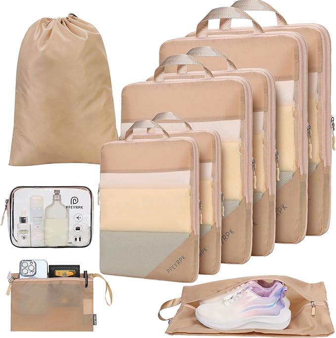 PFEYRPK Lightweight Compression Packing Cubes for Suitcases, Compressible Expandable Travel Packing Organizer with Clear Toiletries and Backpack Bag, Travel Essentials for Carry on Luggage 7 Set