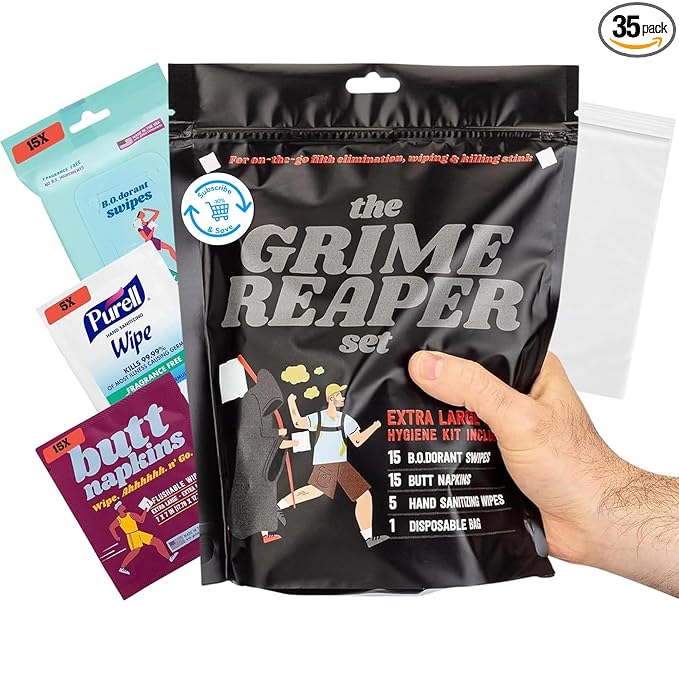 The Grime Reaper Set, On-the-Go Hygiene Kit, For Filth Elimination, Wiping and Killing Stink, 15 B.O.dorant Swipes, 15 Butt Napkins, 5 Hand Sanitizing Wipes, 1 Disposable Bag