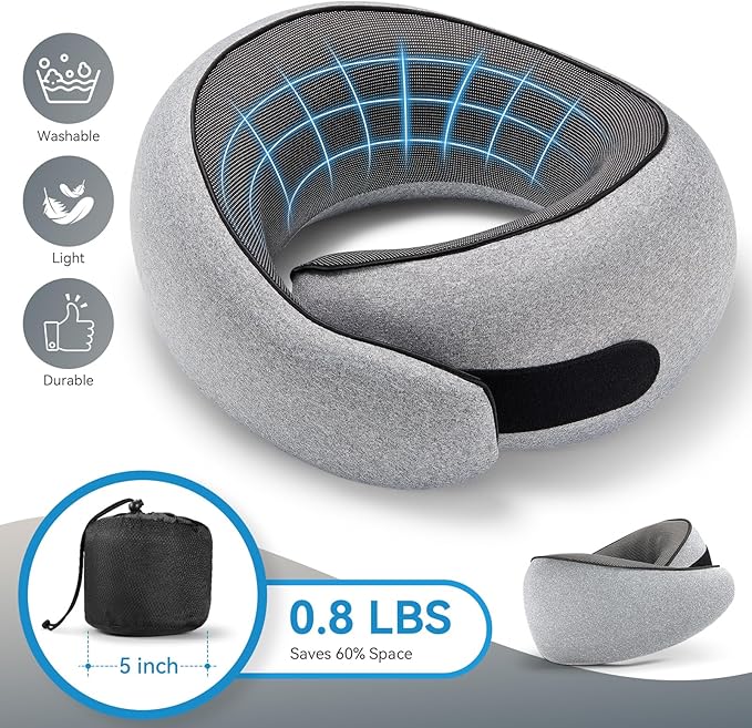 SZXYX Neck Travel Pillows - 100% Pure Memory Foam Neck Pillow for Airplanes, Comfortable Breathable Cover, 360° Support Stowable Pillows for Sleeping, Car, Airport Travel Essentials, Gray
