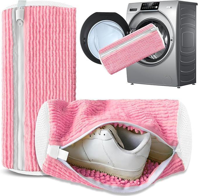 2Pcs Reusable Shoe Washing Machine Bag for Washer and Dryer:Free Up Hands, Prevent Deformation,shoe bag with Zipper Protection Design, Use for all Shoes,Sports Shoes(Yellow) (A-Pink)
