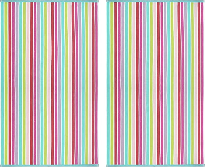 COTTON CRAFT Oversized Beach Towel - 2 Pack XL 39 x 68 inches Big & Huge Beach Blanket Towel - 100% Cotton Dobby Terry Velour Stripe - Super Soft Luxury - Pool Picnic Bath - Pink Multi