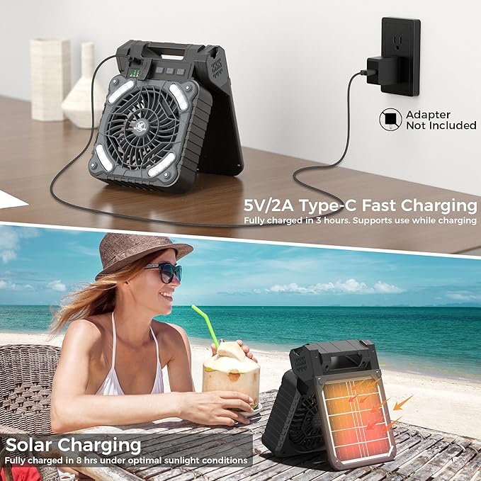 KITWLEMEN Solar Camping Fan with Lantern - Rechargeable Battery Operated Fan, 18H Run Time Max, 4 Speeds, 8H Timer, 90° Adjustable Portable Desk Fan for Hurricane, Power Outage, Outdoor Use
