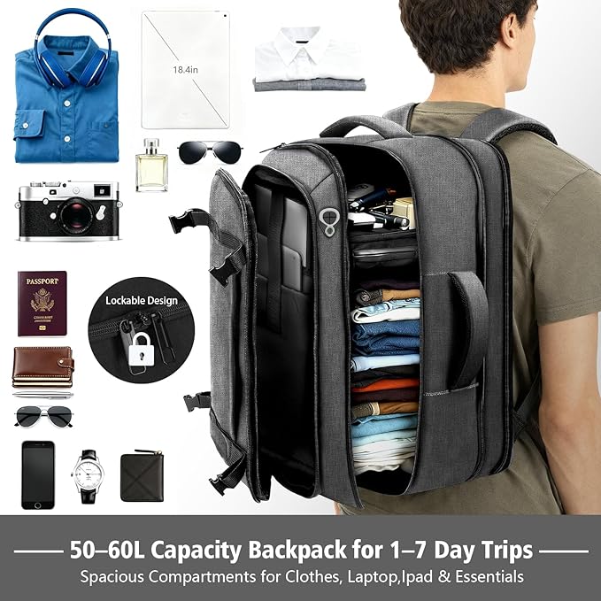 Spacious Carry On Backpack,Expandable Large 1-7DAYS Capacity Travel Backpack with Cable Access Port,Fits 18.4" Laptop,Anti Theft Water Resistant Work Backpack for Men Women,Extended Travel Work,Grey
