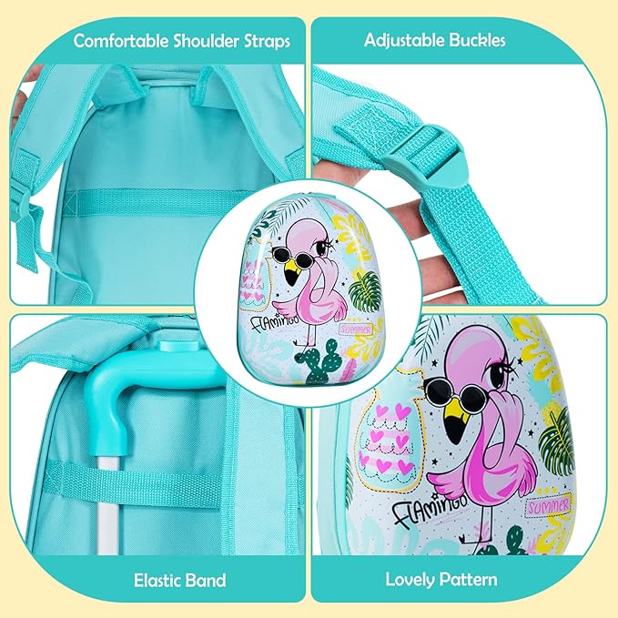 BABY JOY 2 PC Kids Luggage, 16" Toddlers Carry-on Suitcase & 12” Backpack Set, Children Travelling Case w/ 4 Casters & Retractable Handle, Lightweight Trolley Case for Boys & Girls (Flamingo)