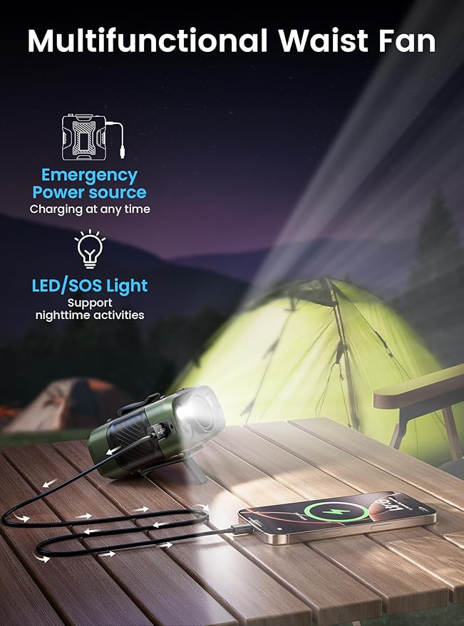 Koonie Portable Waist Clip Fan, Cool Clip Fan Under Shirt with 100 Levels Speeds, Rechargeable Battery Supports 24H Working Time, Wearable Belt Personal Device for Outdoor Work Camping Travel, Green