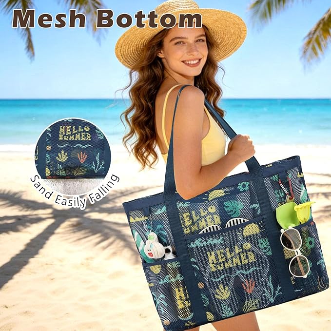 Fammart Mesh Beach Bag with Zipper, Large Beach Tote for Women, Toys Pool Swim Bag Travel Vacation Cruise Essentials