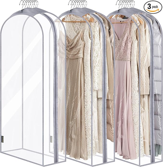 BALEINE 60'' Clear Garment Bags, 10.5'' Wide PEVA Suit Bag for Closet Clothes Dresses Suit Coats Storage (Clear, 3PK)