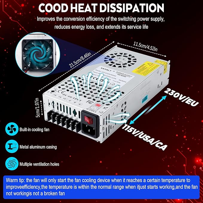 VAYALT 24V 25A 600W DC Switching Power Supply, Universal Regulated Switching AC 110V/220V to DC 24V Transformer, 24V Power Supply for Industrial, CCTV, Computer Project, 3D Printer, LED Strip Light