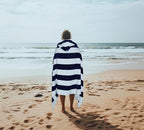 COTTON CRAFT Hooded Beach Towel - Oversized XXL 35x84 Towel with Hood for Adults - The Big Kahuna 7 Foot Beach Blanket Towel - Big & Tall Soft 100% Cotton Velour - Pool Bath Wrap - Cabana Stripe Navy