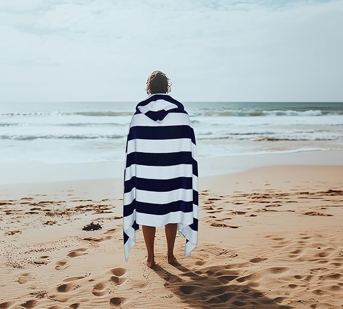 COTTON CRAFT Hooded Beach Towel - Oversized XXL 35x84 Towel with Hood for Adults - The Big Kahuna 7 Foot Beach Blanket Towel - Big & Tall Soft 100% Cotton Velour - Pool Bath Wrap - Cabana Stripe Navy