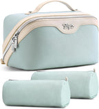 BOYATU Travel Makeup Bag Organizer Cosmetic Bag: 3 Pcs Set Make up Bags for Women with Handle - Waterproof Vegan Leather Toiletry Bags Travel Essentials Pouch with Compartments (A-06-Blue)