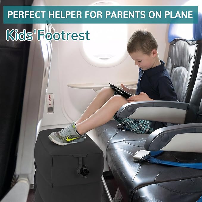 Inflatable Travel Foot Rest Pillow, Adjustable 3 Layers Height Leg Rest Pillow, Kids Airplane Bed, Adults Travel Essentials on Plane, Trains, Cars, Office, Home (Black, 1 PC)
