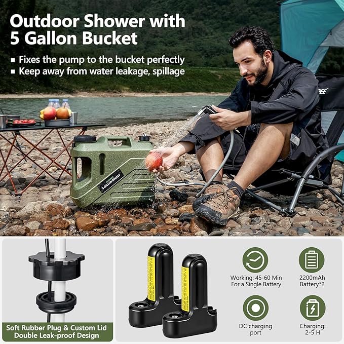 SPACEREST Portable Shower for Camping with Integrated Design – Spill-Resistant, Electric Camping Shower, 5-Gallon Food-Grade Water Jug for Outdoor, Beach, Hiking, Dog Wash