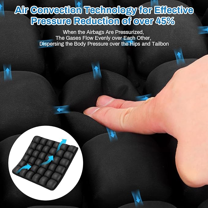 Seat Cushion, Office Chair Cushion with Storage Bag, Travel Seat Cushion for Airplane, Press Type Air Inflatable Airplane Seat Cushions for Plane, Car, Office (Single-Sided Black, Square)
