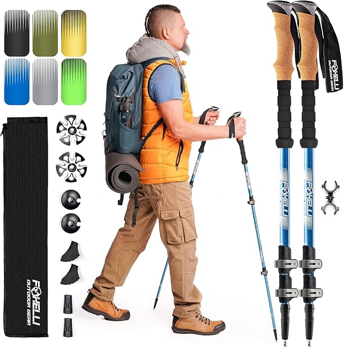 Foxelli Trekking Poles – Lightweight Collapsible Aircraft Grade Aluminum Hiking Poles with Cork Grips Quick Locks & All-Terrain Accessories – Pair of 2
