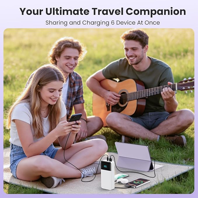 Portable Charger Power Bank 50800mAh,25W USB C Fast Charging Battery Pack with 3 Built in Cables & LED Display,6 Output 2 Input Travel Essentials Phone Charger for iPhone 17/16/15,Android etc (White)