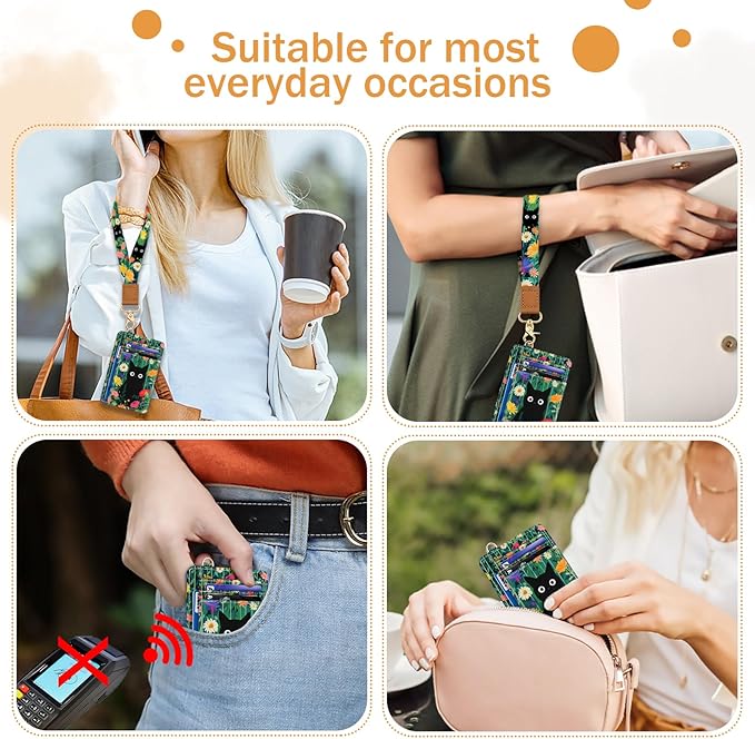 Yonlevres Cat Flower Credit Card Holder Slim Wallet, RFID Wallet Women Front Pocket Wristlet Lanyard, Small Card Holder Travel Funny Cute Thin ID Window PU Leather Case Organizer Gifts Girl