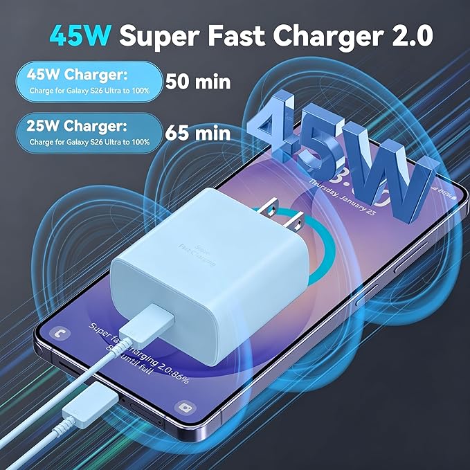 45W Super Fast Charger USB C Android Phone Type C Charger Fast Charging Block with 6.6FT Cord for Samsung Galaxy S26/S26 Ultra/S26+/S25 Ultra/S25/S24 Ultra/S24/S23 Ultra/S22/S21/S20/Note 10, Blue