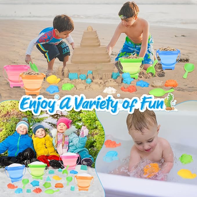 4 Packs Foldable Beach Buckets Set, Collapsible Bucket with Sand Shovels and Mesh Bag for Kids Toddlers Beach Toys, Silicone Sand Pails, Easter Egg Hunt, Camping, Travelling and Fishing Water Pail