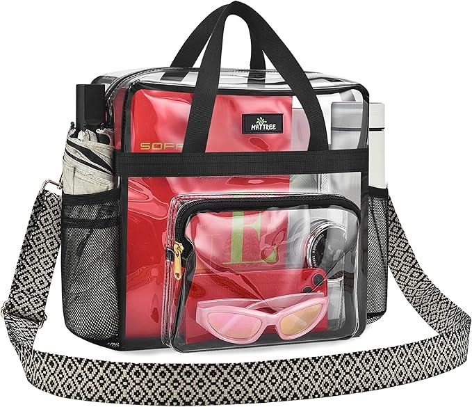 MAY TREE Clear Bag for Stadium Events, 12×6×12 Clear Tote Bag with Removable Strap, Transparent Bag for Concert Sports Gym, Wave-Strap