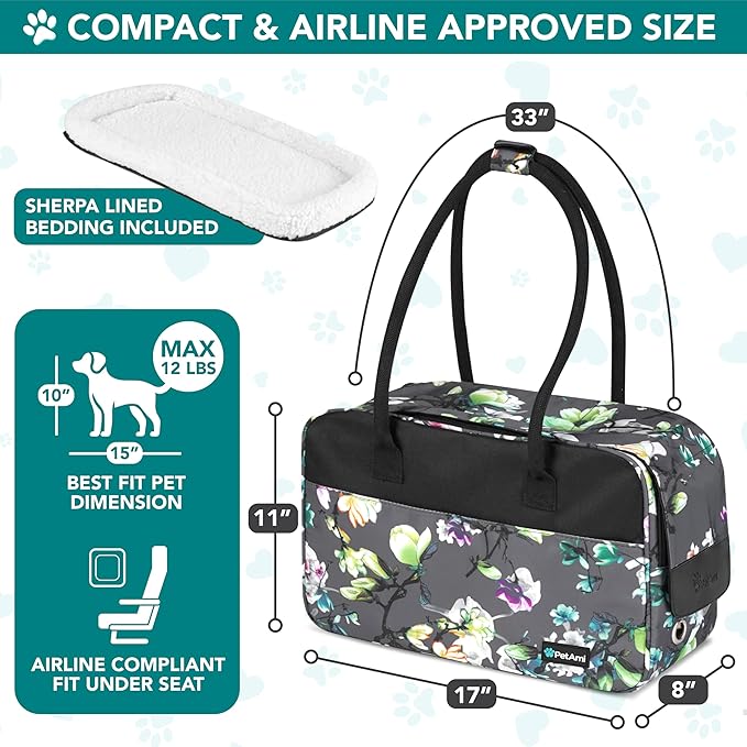 PetAmi Dog Purse Carrier for Small Dogs Cats, TSA Airline Approved Soft-Sided Pet Carrier with Pockets, Ventilated Travel Tote Bag with Bed & Shoulder Strap, Puppy Kitten, Max 12 lbs, Floral Gray