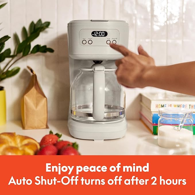 BELLA 12 Cup Programmable Coffee Maker, Reusable Dishwasher Safe Accessories, Easy LCD display, Auto Shutoff, 900 watt, Oatmilk