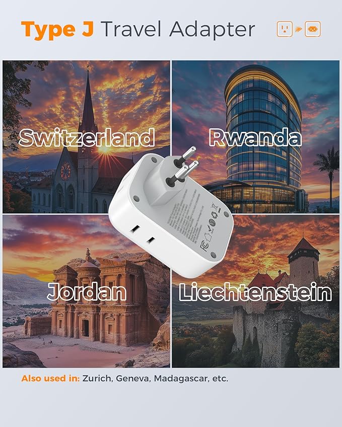 TESSAN Switzerland Travel Plug Adapter PD 20W, 2 Pack Type J Switzerland Power Adapter with 4 Outlets 3 USB (2 USB-C), Swiss Plug for US to Rwanda Jordan Liechtenstein Madagascar, Travel Essentials