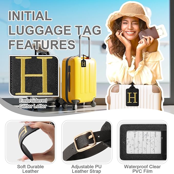 Personalized Initial Luggage Tags for Suitcase TSA Approved, Black Leather Cute Luggage Tag with Privacy Cover Name Card, Embroidered Custom Luggage Tags Travel Backpack Tags Gifts for Women Kids(H)