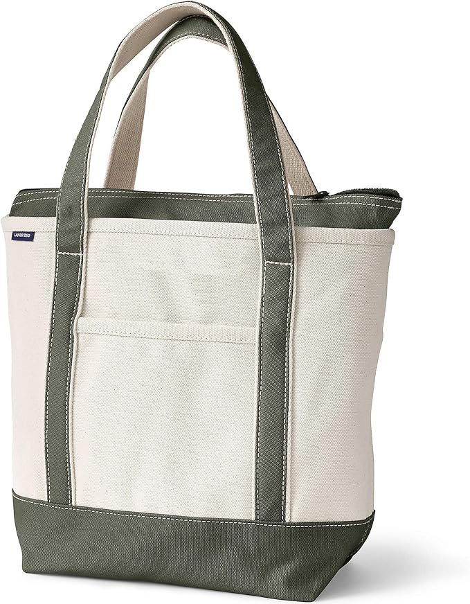 Lands' End Natural Zip Top Canvas Tote Bag Natural/dark Olive Green Medium Regular Handle