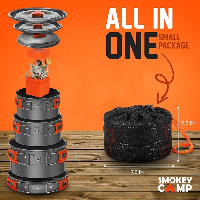 Smokey Camp Camping Cookware Mess Kit Set with Stove - Backpacking Camping Pots and Pans Set, All in One Non-Stick Camping Cooking Set, Portable Stove, Hiking, Picnic, Outdoor & Camping Cookware Set