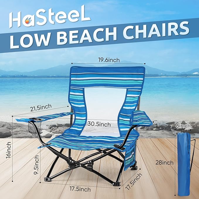 HaSteeL Folding Beach Chair Set of 2, Foldable Striped Camping Chairs for Outside, Low Beach Chair Portable for Adults Fishing, Picnic, Outdoor BBQ, Travel, Sports, Cup Holder & Storage Bag