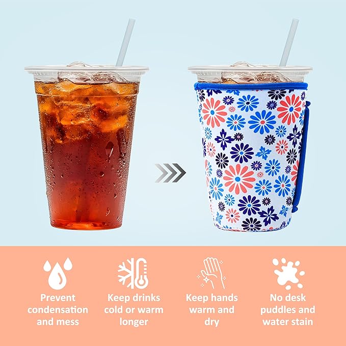 KJQJLY 3 Pack Reusable Iced Coffee Sleeves for Iced Coffee Cups or Drinks Reusable Neoprene Insulated Sleeves for Hot and Cold Drinks from Starbucks, Dunkin, And More (Blue Flower)