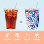 KJQJLY 3 Pack Reusable Iced Coffee Sleeves for Iced Coffee Cups or Drinks Reusable Neoprene Insulated Sleeves for Hot and Cold Drinks from Starbucks, Dunkin, And More (Blue Flower)