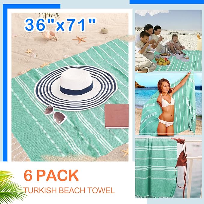 YSYJ Turkish Beach Towel 6 Pack Beach Towels 36"x71" Beach Towel Oversized Sand Free Turkish Towel Quick Dry Bath Towels Teal