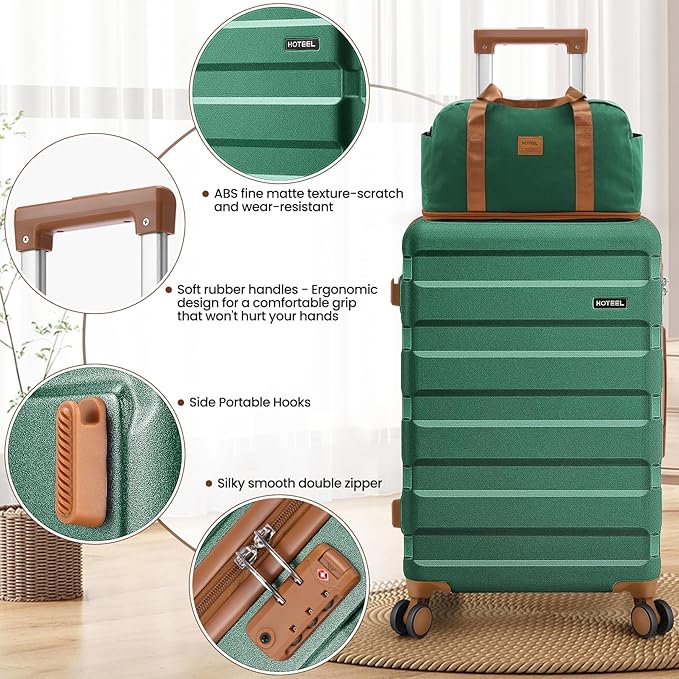 Hoteel Luggage Sets 3 Piece, 4-Year Warranty, Carry-On Luggage with Dual-Spinner Wheels, ABS Hard Shell Suitcase with TSA Locks, 20 Inch Lightweight Luggages for Travel, Green(20IN/DB/TB)