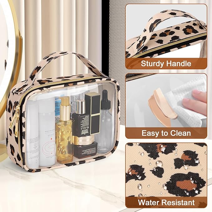 Wedama TSA Approved Toiletry Bag, 3 Pack Clear Makeup Bags with Handles, Quart Size PVC Clear Cosmetic Bags for Women and Men, Carry on Airport Airline Compliant Bag, Leopard Print