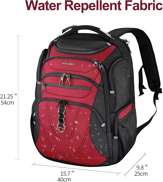 KROSER TSA Friendly Travel Laptop Backpack 18.4 inch XXXL Gaming Backpack Water-Repellent College Daypack Business Backpack with RFID Pockets & USB Port for Men/Women-Black/Red