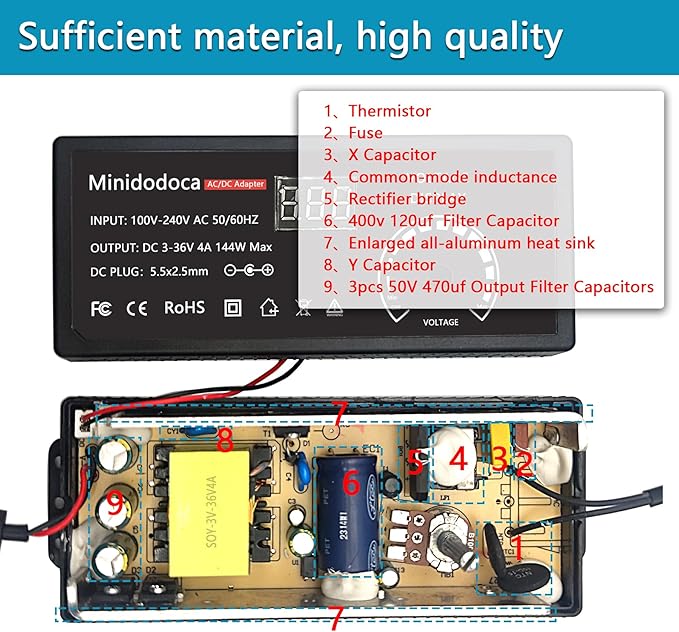 144W Power Supply Adjustable DC 3V ~ 36V Variable Universal Switching AC/DC Adapter Minidodoca AC to DC Converter with LED Voltage Display and 16 Tips, for 3V to 36V Household Electronics - 4000mA Max