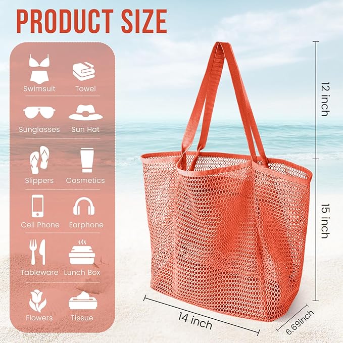 HOHOM Beach Bags for Women, Summer Travel Mesh Tote Bag with Large Inner Pocket, Sandproof Woven Shoulder Handbag