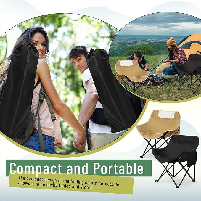 2 Pack Compact Camping Chairs Portable Folding for Outside with Carry Bag Lightweight Moon Chairs for Travel Picnic Hiking Beach Fishing, 600D Oxford, Supports 330lbs(Khaki, Black)