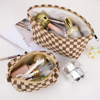 SOIDRAM 2 Pieces Makeup Bag Large Checkered Cosmetic Bag Capacity Canvas Mix Travel Toiletry Bag Organizer Cute Makeup Brushes Aesthetic Accessories Storage Bag for Women, Checkered Mix Brown