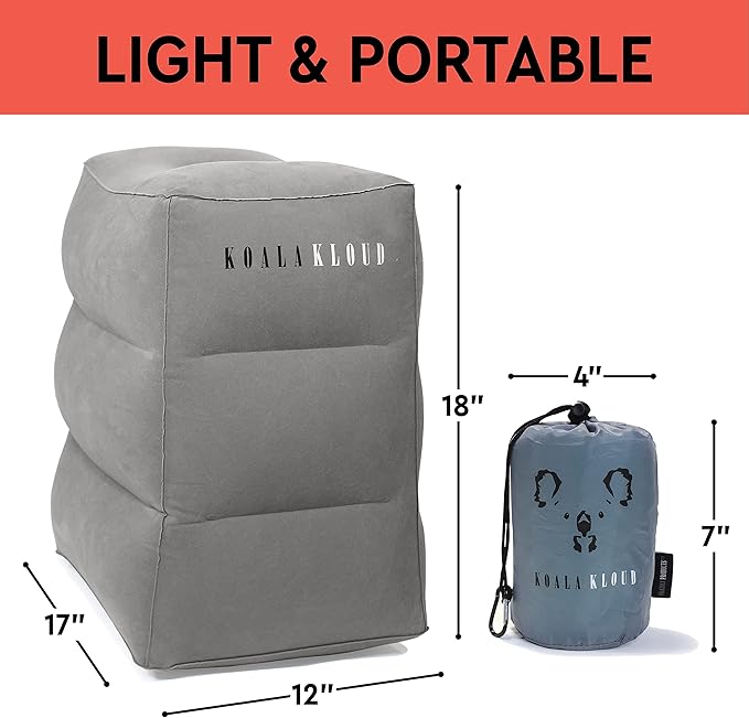 Koala Kloud 3 Height Travel Foot Rest - Gray Inflatable Foot Rest Pillow, Car Seat, Airplane Bed for Toddler Travel Essentials Kids Accessories