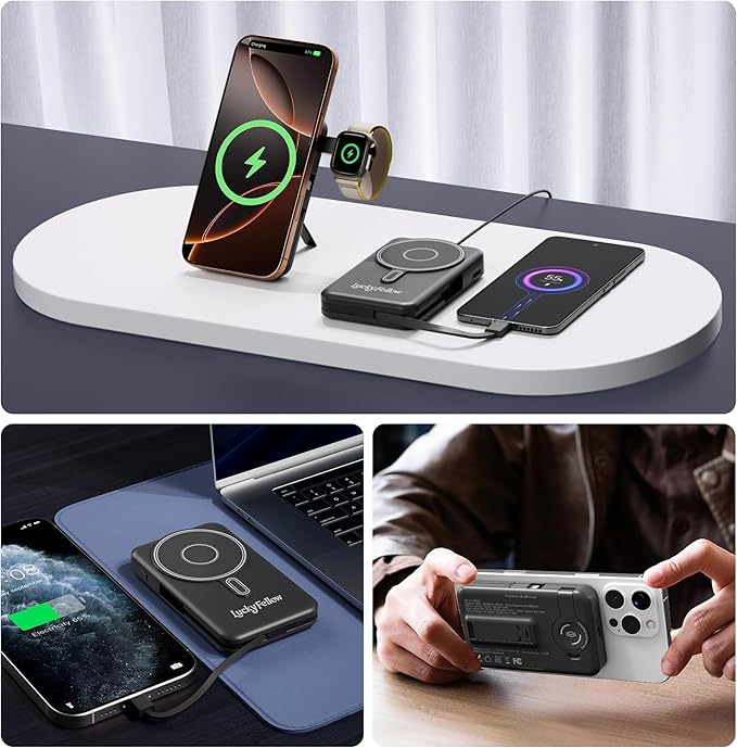 Magnetic Portable Charger Built-in Cables,10000mAh Fast Charging Wireless Charger Station External Battery Pack Slim Pocket Size Power Bank with Stand Compatible with iWatch, iPhone