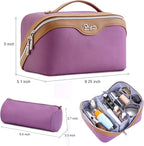 BOYATU Travel Makeup Bag Organizer Cosmetic Bag: 3 Pcs Set Make up Bags for Women with Handle - Waterproof Vegan Leather Toiletry Bags Travel Essentials Pouch with Compartments (A-05-Purple)