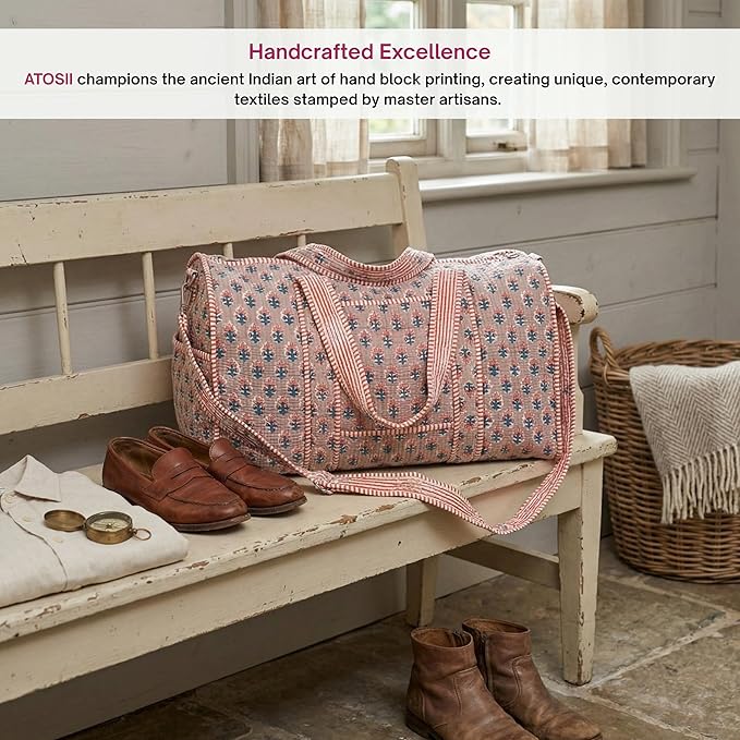 ATOSII Handblock Print 100% Cotton Large Quilted Duffle Bag for Overnight Trip, Travel Weekend Bag, Luggage, 2 Pockets with Zipper, 1 Front Pocket, Detachable Long Strap, 20 X 10 X 12 Inches, Pebble