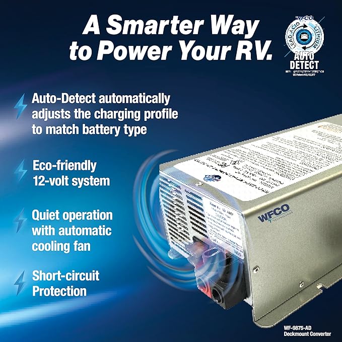 WFCO Genuine WF-9875-AD-CB RV Converter/Charger Deckmount 75Amp DC Output with Patented Auto Detect™ Technology Lead Acid Lithium Multi-Stage Charging